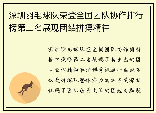 深圳羽毛球队荣登全国团队协作排行榜第二名展现团结拼搏精神