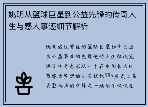 姚明从篮球巨星到公益先锋的传奇人生与感人事迹细节解析